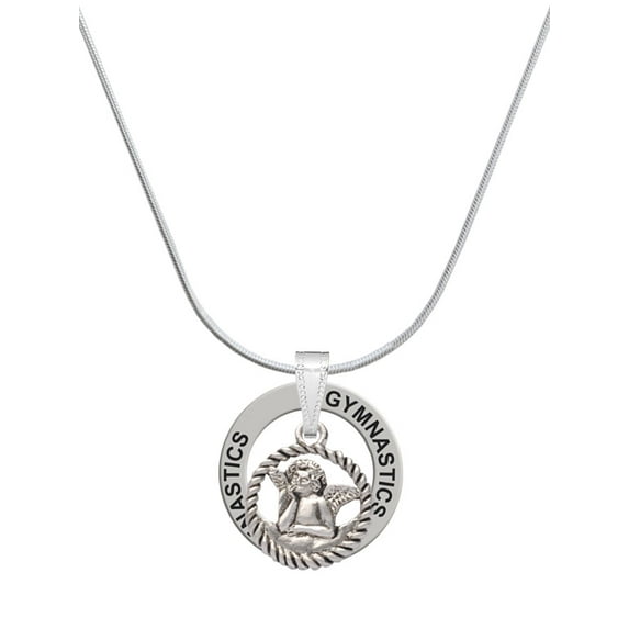 Delight Jewelry Silvertone Raphael Angel in Rope Wreath Gymnastics Ring Charm Necklace, 18"