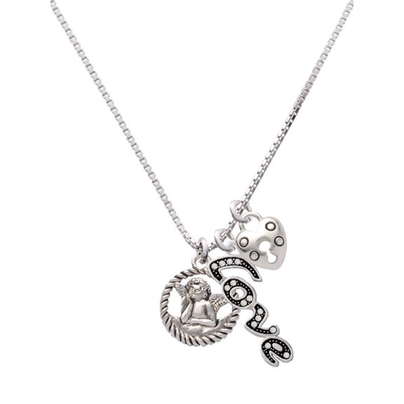 Delight Jewelry Silvertone Raphael Angel in Rope Wreath - Love and Lock Charm Necklace, 18"+1"