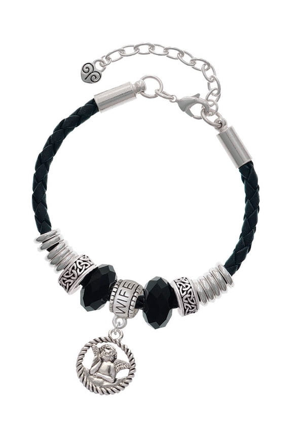 Silvertone Raphael Angel in Rope Wreath Wife Celtic Knot Leather Bead Bracelet, 7"+2" Extender