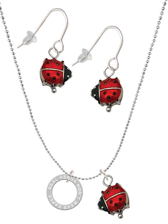 Silvertone Real Heroes Teach Eternity Ring Red Lucky Ladybug Necklace and Dangle Earrings Set