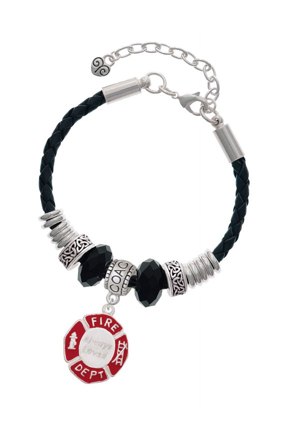 Silvertone Red Always Loved Fire Department Shield Coach Celtic Knot Leather Bead Bracelet, 7"+2" Extender