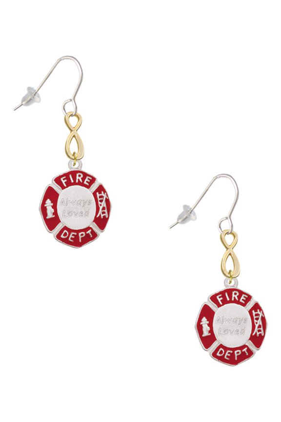 Silvertone Red Always Loved Fire Department Shield Gold Tone Infinity French Earrings