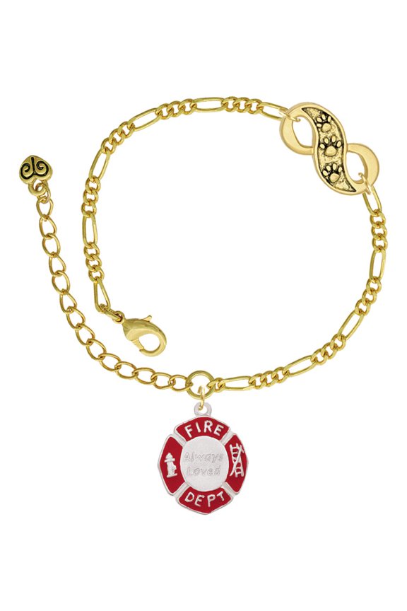 Silvertone Red Always Loved Fire Department Shield Gold-tone Paw Infinity Link Chain Bracelet, 6"+2" Extender