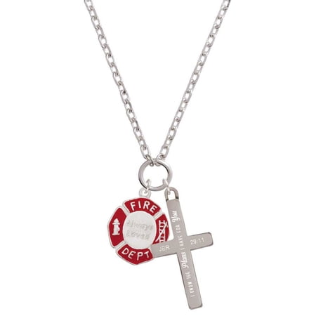 Delight Jewelry Silvertone Red Always Loved Fire Department Shield I Have Plans for You Engraved Cross Zoey Necklace, 28"