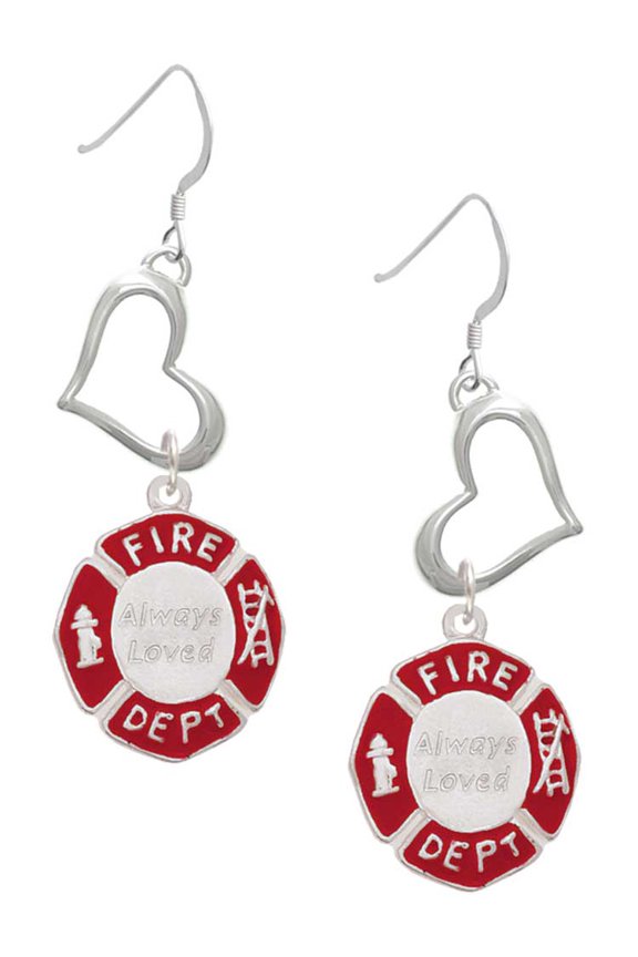 Silvertone Red Always Loved Fire Department Shield Open Heart French Earrings