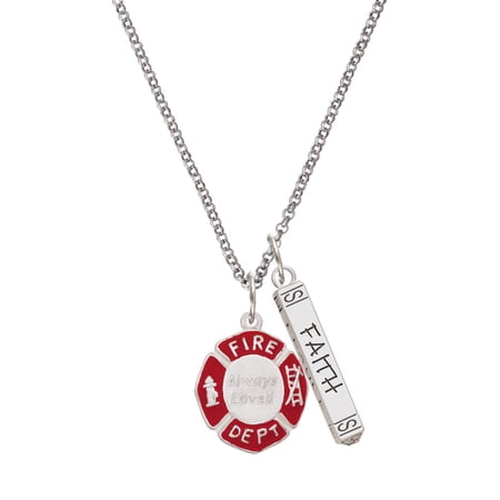 Delight Jewelry Silvertone Red Always Loved Fire Department Shield Silvertone Believe Faith Prayer Hope Bar Charm Necklace, 23"
