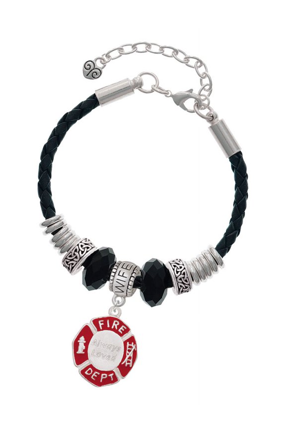 Silvertone Red Always Loved Fire Department Shield Wife Celtic Knot Leather Bead Bracelet, 7"+2" Extender