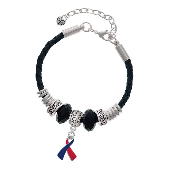 Delight Jewelry Silvertone Red & Blue Awareness Ribbon Mother Celtic Knot Leather Bead Bracelet, 7"+2" Extender