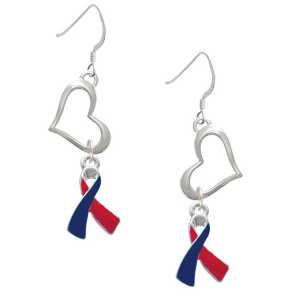Delight Jewelry Silvertone Red & Blue Awareness Ribbon Open Heart French Earrings