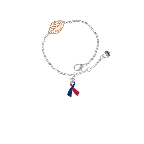Delight Jewelry Silvertone Red & Blue Awareness Ribbon - Rose Goldtone Leaf Delicate Bracelet, 6.25+1.75"