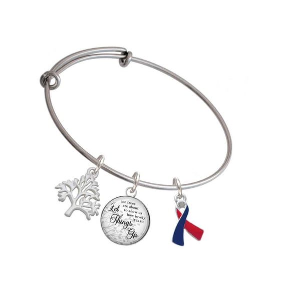 Delight Jewelry Silvertone Red & Blue Awareness Ribbon Silvertone Let Things Go Tree Charm Bangle Bracelet