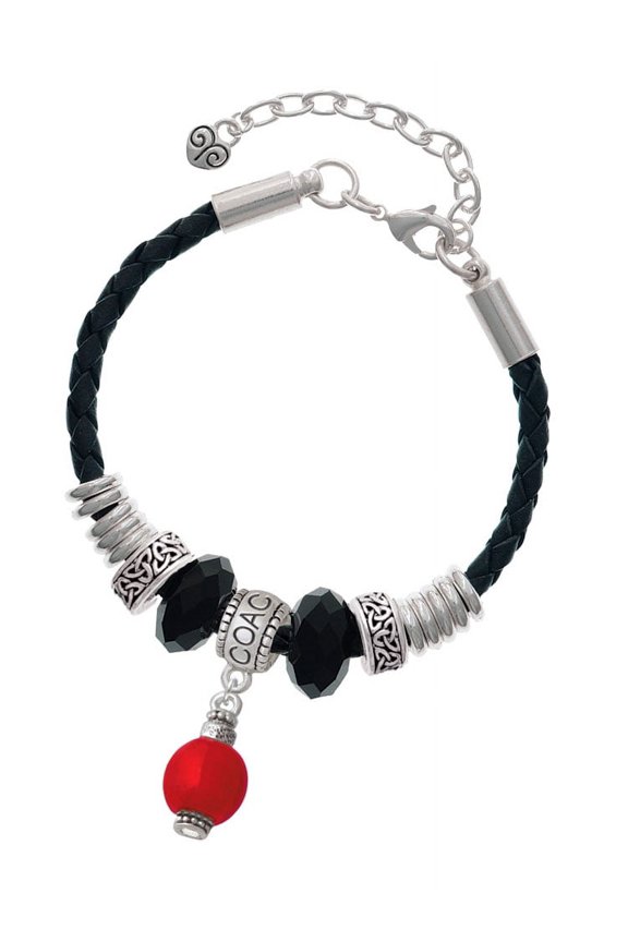 Silvertone Red Chinese Lantern with Clear Crystal Coach Celtic Knot Leather Bead Bracelet, 7"+2" Extender