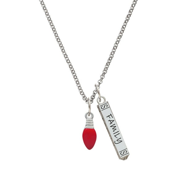 Delight Jewelry Silvertone Red Christmas Light Silvertone Family Bar Charm Necklace, 23"