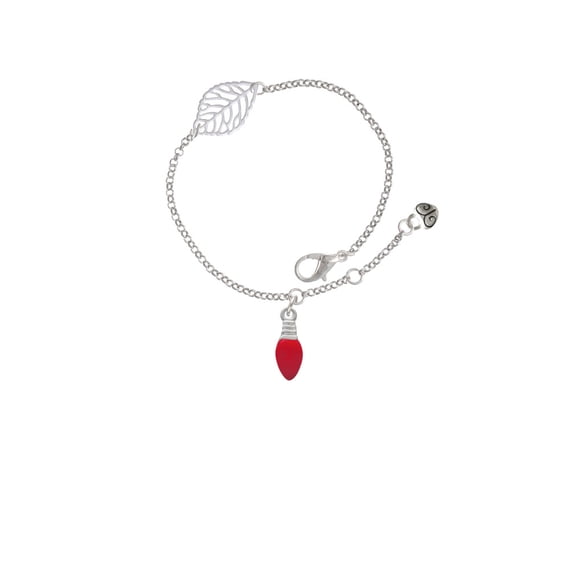 Delight Jewelry Silvertone Red Christmas Light - Silvertone Leaf Delicate Bracelet, 6.25+1.75"