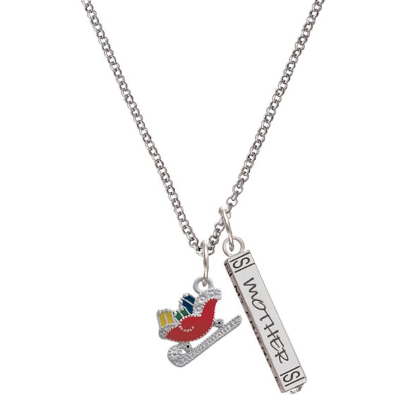 Delight Jewelry Silvertone Red Christmas Sleigh Silvertone Mother Daughter Bar Charm Necklace, 23"