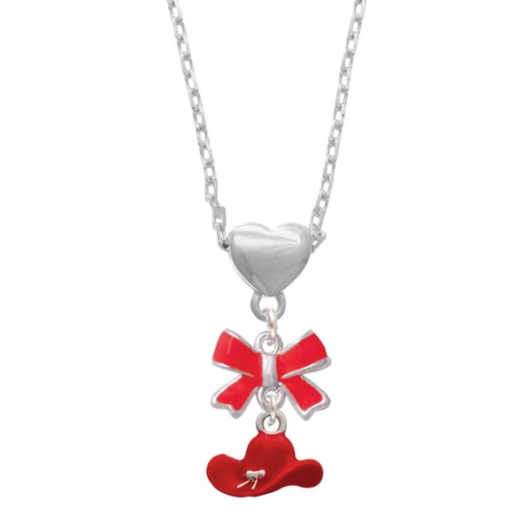Delight Jewelry Silvertone Red Cowboy Hat Red Bow Heart Necklace