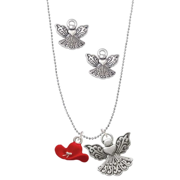 Delight Jewelry Silvertone Red Cowboy Hat Silver tone Guardian Angel Charm Necklace and Stud Earrings