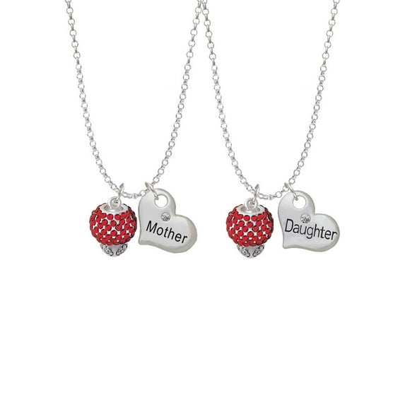 Delight Jewelry Silvertone Red Crystal Sparkle Spinner Mother & Daughter Heart Necklaces (Set of 2), 19"+2"