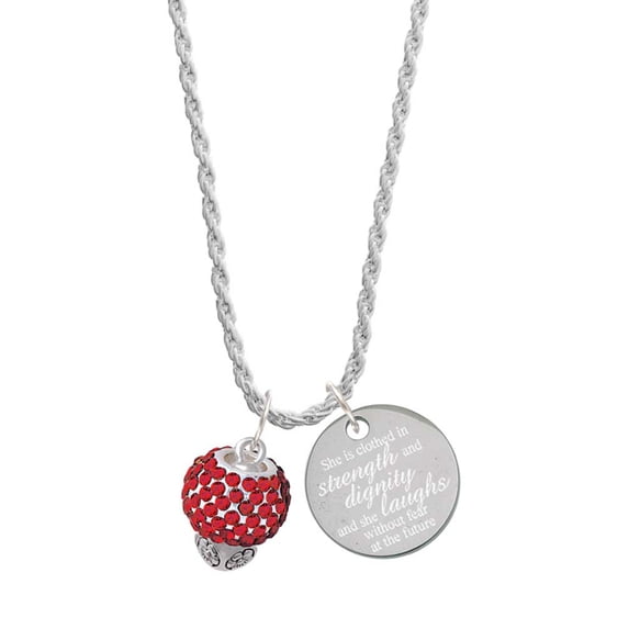 Delight Jewelry Silvertone Red Crystal Sparkle Spinner She is Clothed in Stength and Dignity Charm Necklace, 20"+3"