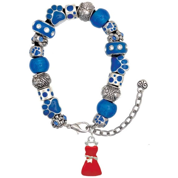 Delight Jewelry Silvertone Red Dress Blue Paw Print Bead Bracelet, 7"+2"