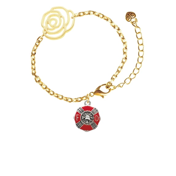 Delight Jewelry Silvertone Red Enamel Fire Department Medallion Gold-tone Flower Link Chain Bracelet, 6.75"+2" Extender