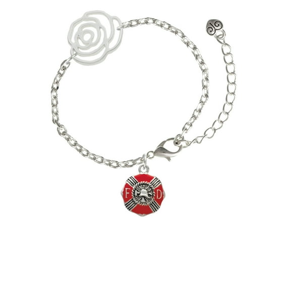 Delight Jewelry Silvertone Red Enamel Fire Department Medallion Silver-tone Flower Link Chain Bracelet, 6.75"+2" Extender
