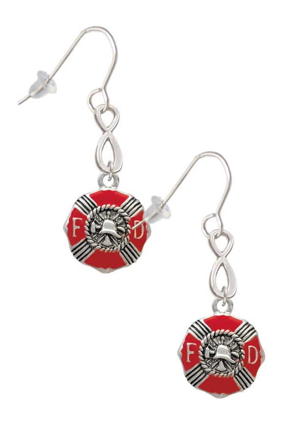 Silvertone Red Enamel Fire Department Medallion Silver tone Infinity French Earrings