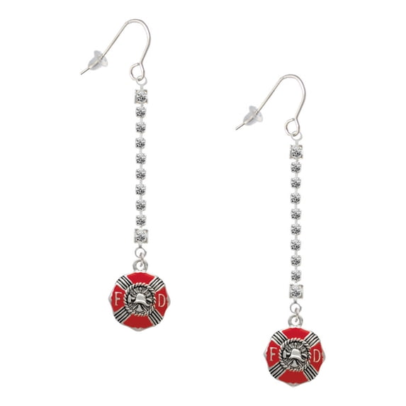 Delight Jewelry Silvertone Red Enamel Fire Department Medallion - Silver-tone Long Sparkle Dangle French Earrings