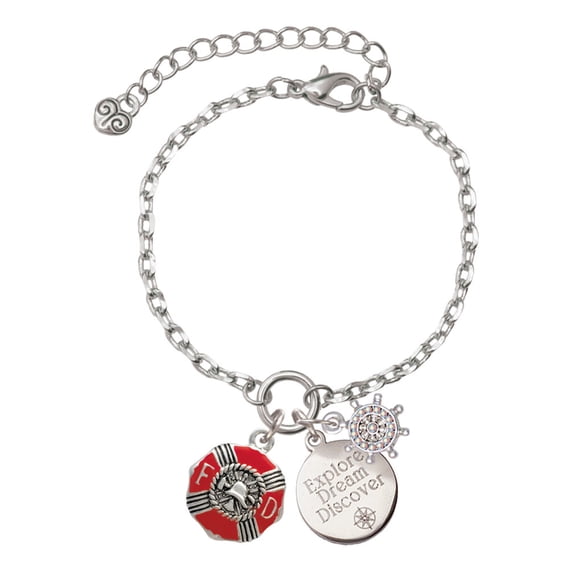 Delight Jewelry Silvertone Red Enamel Fire Department Medallion Silvertone Discover Dream Explore Zoey Charm Bracelet, 6.5+2" Extender