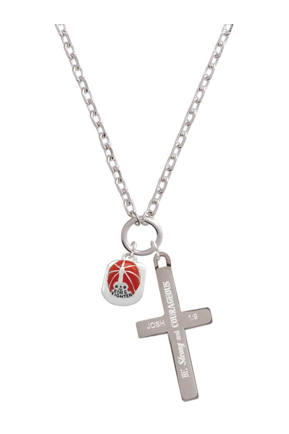 Silvertone Red Enamel Firefighter Helmet Be Strong and Courageous Engraved Cross Zoey Necklace, 28"