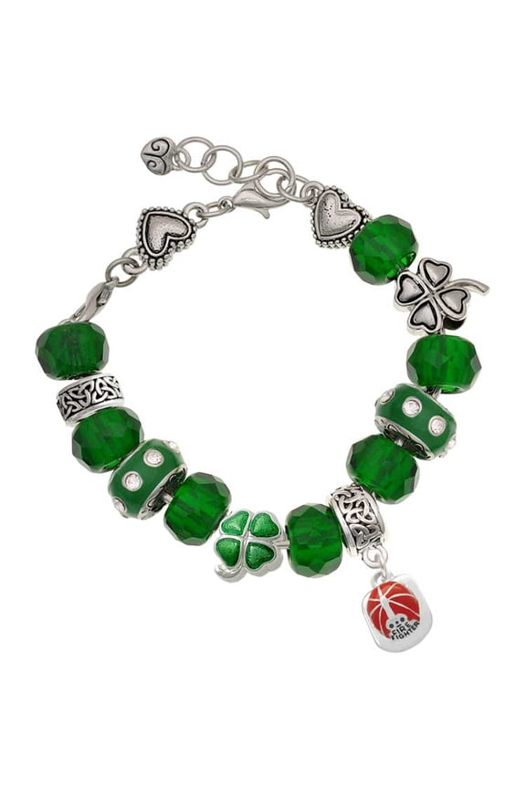 Silvertone Red Enamel Firefighter Helmet - Green Irish Luck Bead Charm Bracelet, 7.5"