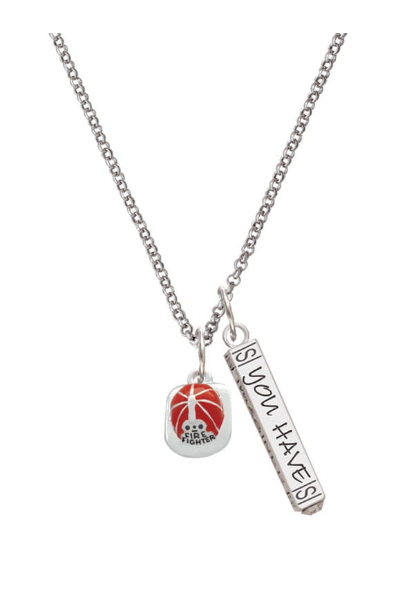 Silvertone Red Enamel Firefighter Helmet Silvertone Live the Life You Have Imagined Bar Charm Necklace, 23"