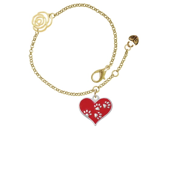 Delight Jewelry Silvertone Red Enamel Heart with Paw Prints Gold-tone Rose Link Chain Bracelet, 6.25"+1.75" Extender