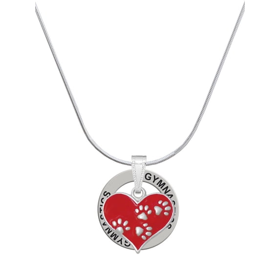 Delight Jewelry Silvertone Red Enamel Heart with Paw Prints Gymnastics Ring Charm Necklace, 18"