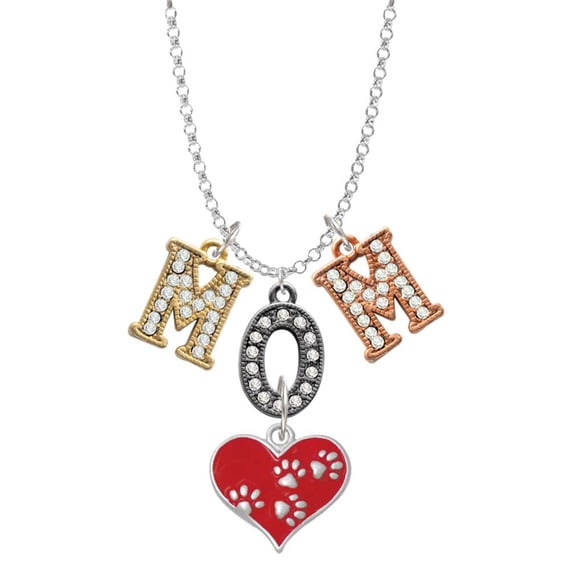 Delight Jewelry Silvertone Red Enamel Heart with Paw Prints Multi-Colored Crystal Mom Charm Necklace