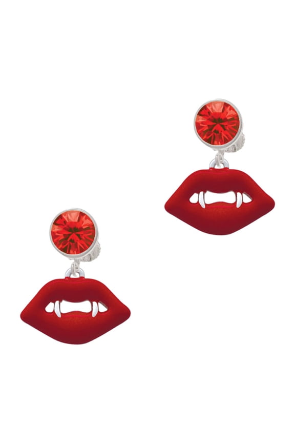 Silvertone Red Enamel Vampire Lips Red Crystal Clip on Earrings