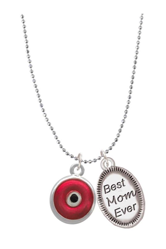 Silvertone Red Evil Eye Good Luck Best Mom Ever Charm Necklace