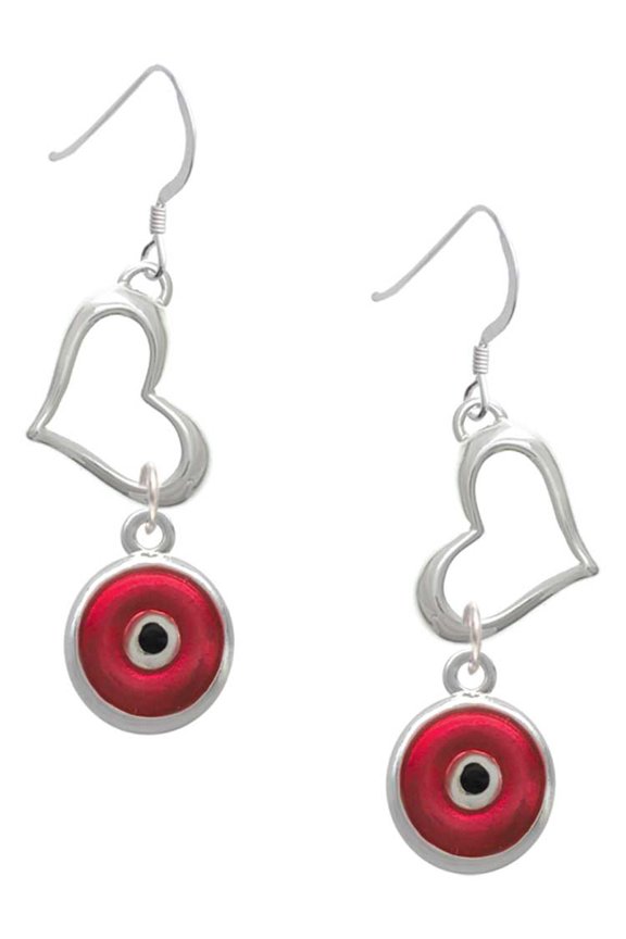 Silvertone Red Evil Eye Good Luck Open Heart French Earrings