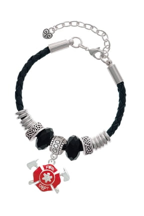 Silvertone Red Fire Department Shield with Axes Godmother Celtic Knot Leather Bead Bracelet, 7"+2" Extender
