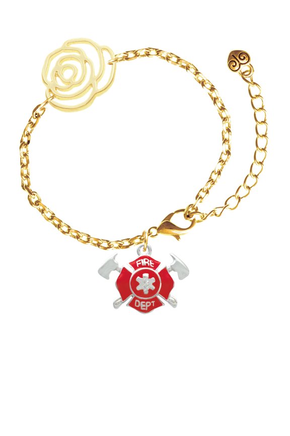 Silvertone Red Fire Department Shield with Axes Gold-tone Flower Link Chain Bracelet, 6.75"+2" Extender