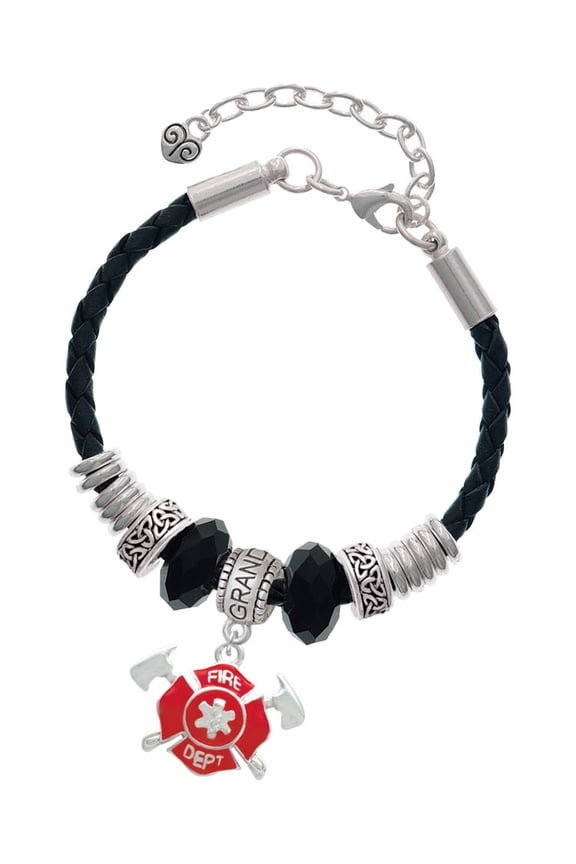 Silvertone Red Fire Department Shield with Axes Granddaughter Celtic Knot Leather Bead Bracelet, 7"+2" Extender