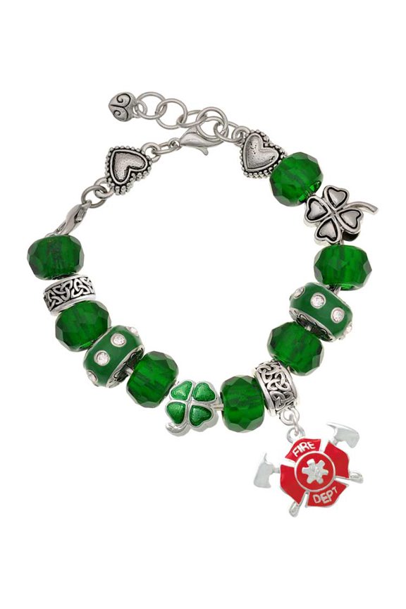 Silvertone Red Fire Department Shield with Axes - Green Irish Luck Bead Charm Bracelet, 7.5"