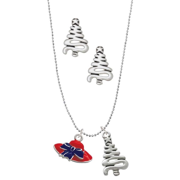 Delight Jewelry Silvertone Red Hat With Purple Bow Silver tone Zig Zag Christmas Tree Charm Necklace and Stud Earrings