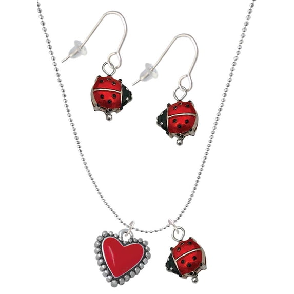 Delight Jewelry Silvertone Red Heart with Beaded Border Red Lucky Ladybug Necklace and Dangle Earrings Set