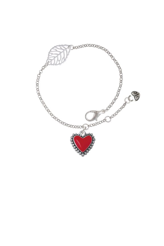 Silvertone Red Heart with Beaded Border - Silvertone Leaf Delicate Bracelet, 6.25+1.75"