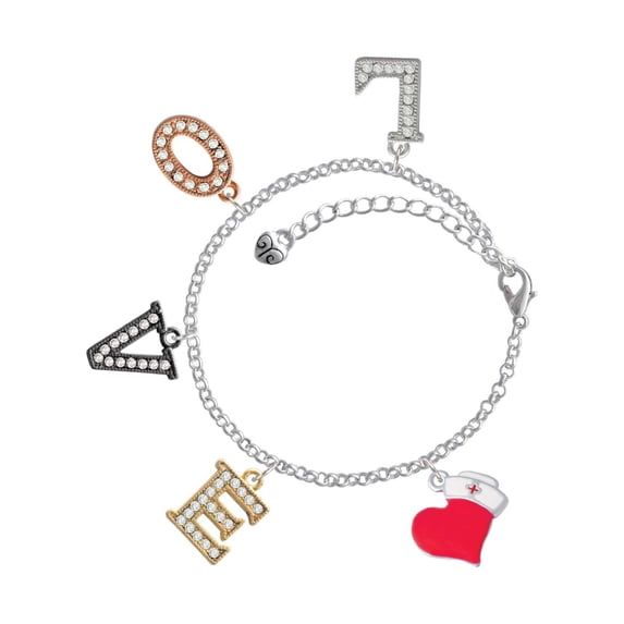Delight Jewelry Silvertone Red Heart with Nurse Hat Multi-Colored Crystal Love Charm Bracelet