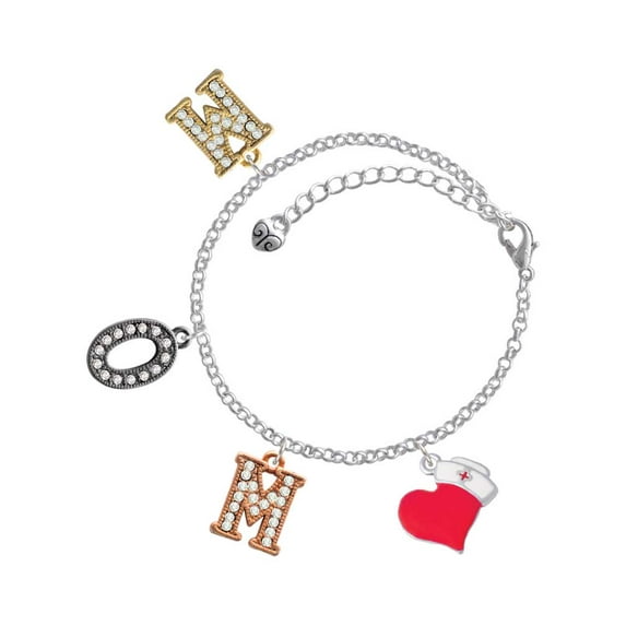 Delight Jewelry Silvertone Red Heart with Nurse Hat Multi-Colored Crystal Mom Charm Bracelet