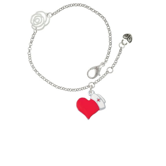Delight Jewelry Silvertone Red Heart with Nurse Hat Silver-tone Rose Link Chain Bracelet, 6.25"+1.75" Extender