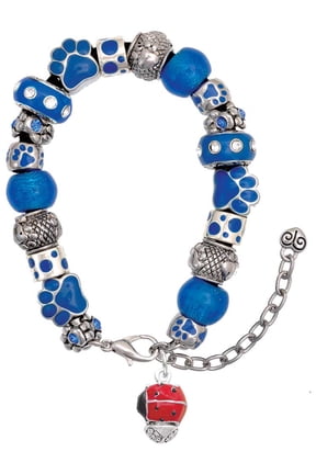 Silvertone Red Ladybug Spinner Blue Paw Print Bead Bracelet, 7"+2"