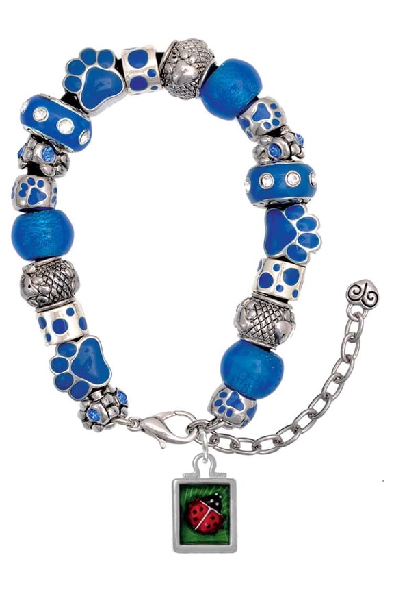Silvertone Red Ladybug in Shadow Box Blue Paw Print Bead Bracelet, 7"+2"